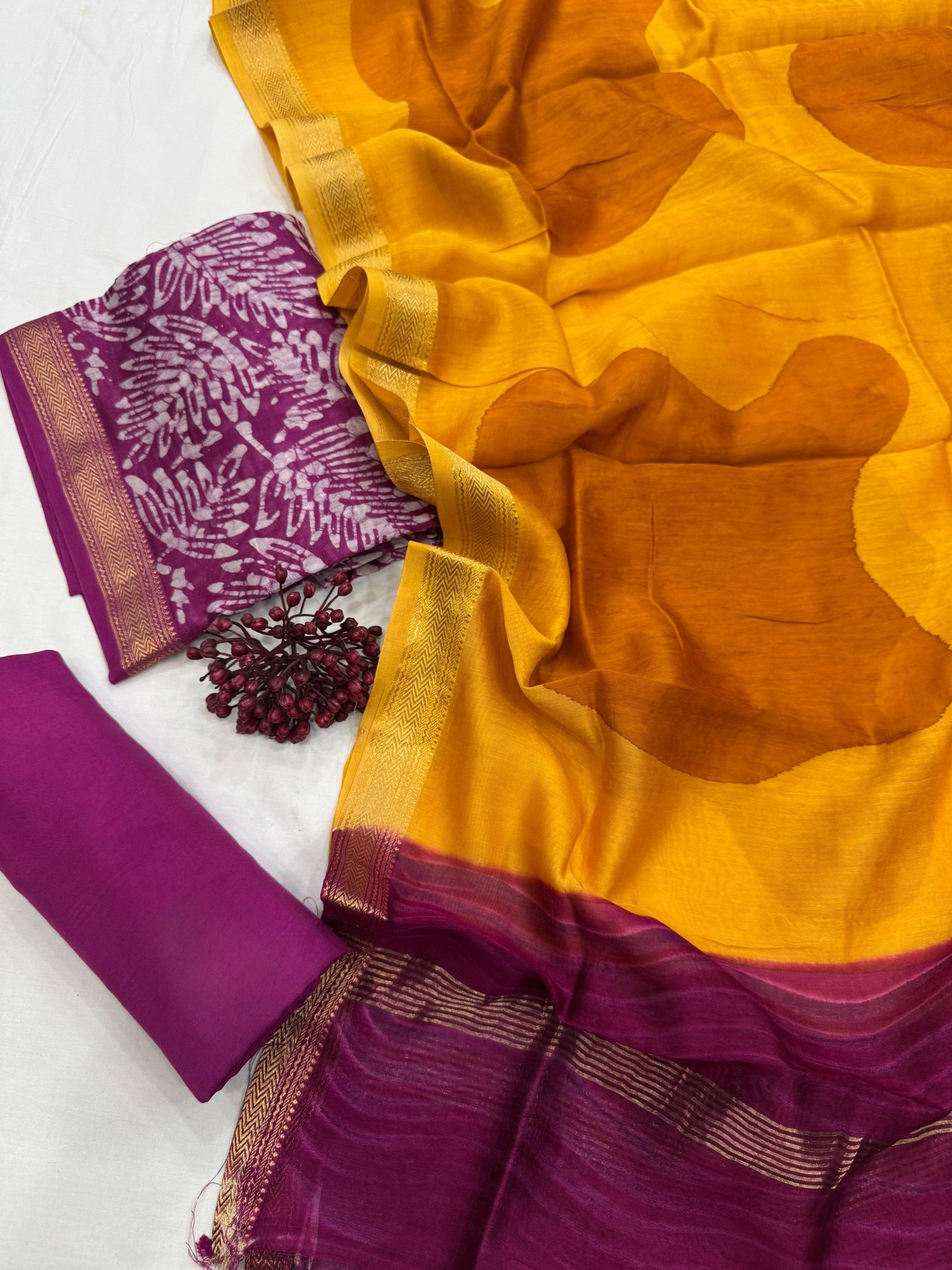 Maheshwari Silk Magenta Leaf Handblock Printed Dress Material for boutique collections